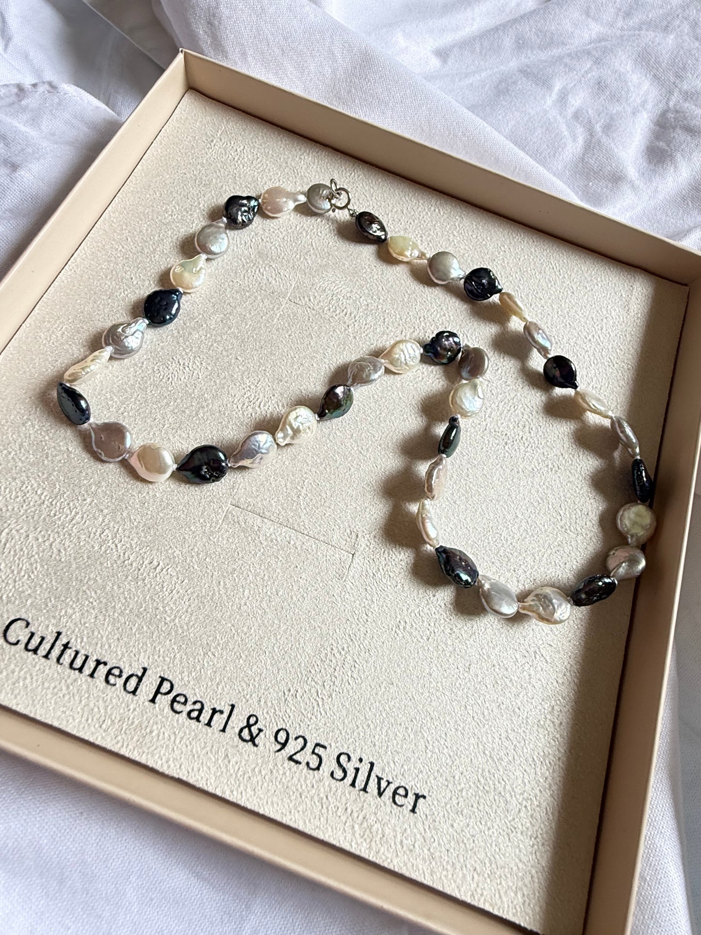 Sterling Silver Tricolour Coin Pearl Necklace