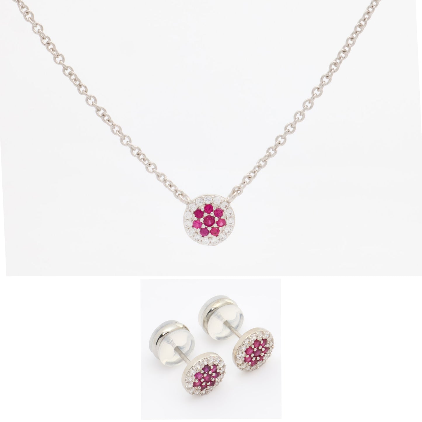 Rhodium Plated Pink Zircon Necklace & Stud Set