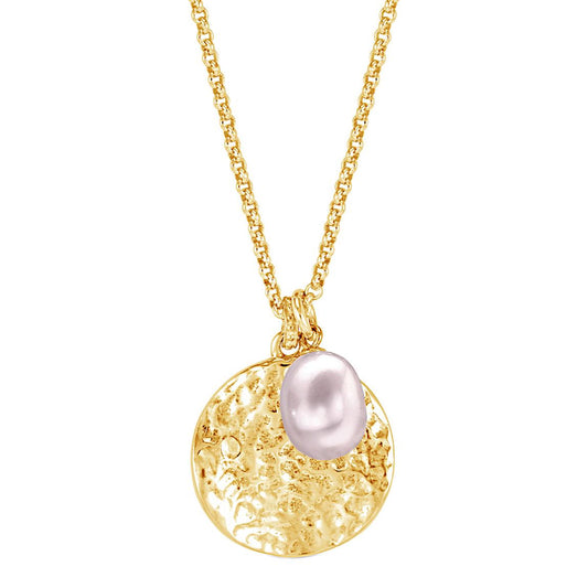 Dower & Hall Gold Vermeil Hammered Disc & Pink Freshwater Pearl Pendant