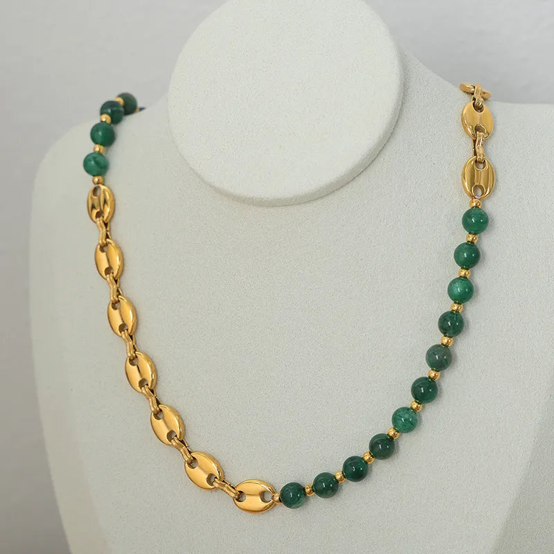 Green Agate Bead & Coffee Bean Link Necklace