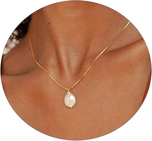 Gold Plated Baroque Pearl Pendant Box Chain Necklace