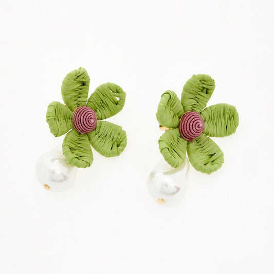 Piper K  Green Raffia Flower Drop Earrings - RSVP Uganda