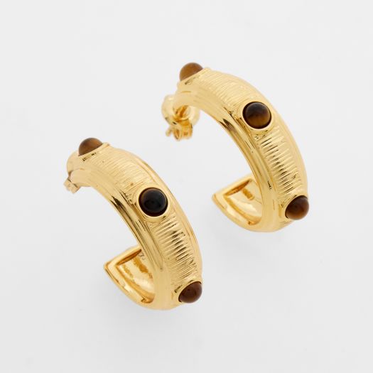 Gold Brass Tiger's Eye Cabochan Hoop Earrings - RSVP Uganda