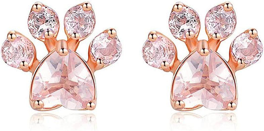 Rose Gold Dog Paw Earrings With Pink Swarowski Elements
