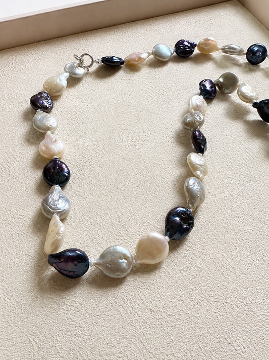 Sterling Silver Tricolour Coin Pearl Necklace