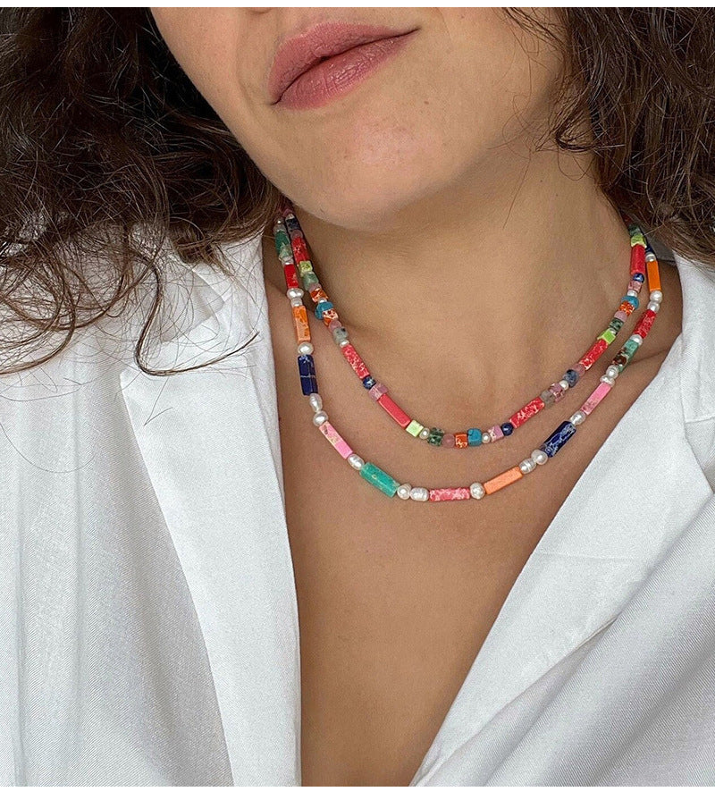 Multicolour Tube Bead & Pearl Bead Necklace