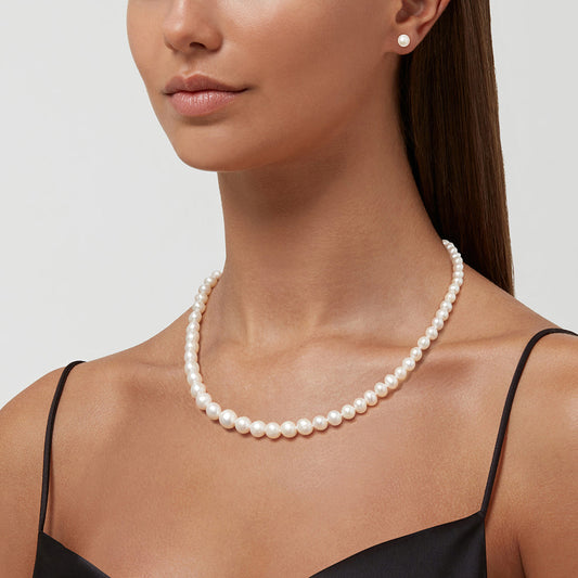 Sterling Silver Cultured Pearl Necklace & Stud Earrings Set