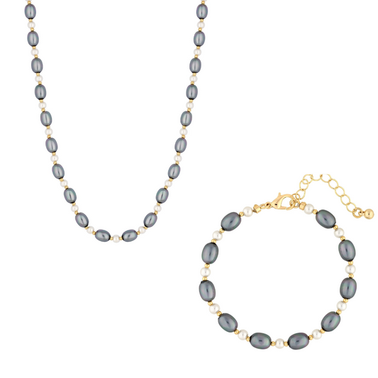 Grey & Cream Pearl Necklace & Bracelet Set