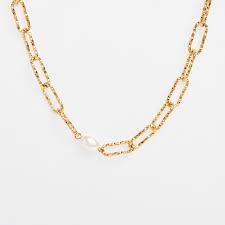 Gold Tone Link Chain & Pearl Pendant Necklace