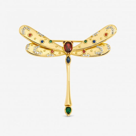 Gold Plated Crystal and Multi Coloured Dragonfly Brooch