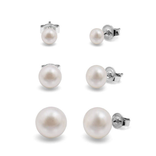 4,6,8mm Set of 3 Freshwater Pearl Studs with 925 Sterling Silver