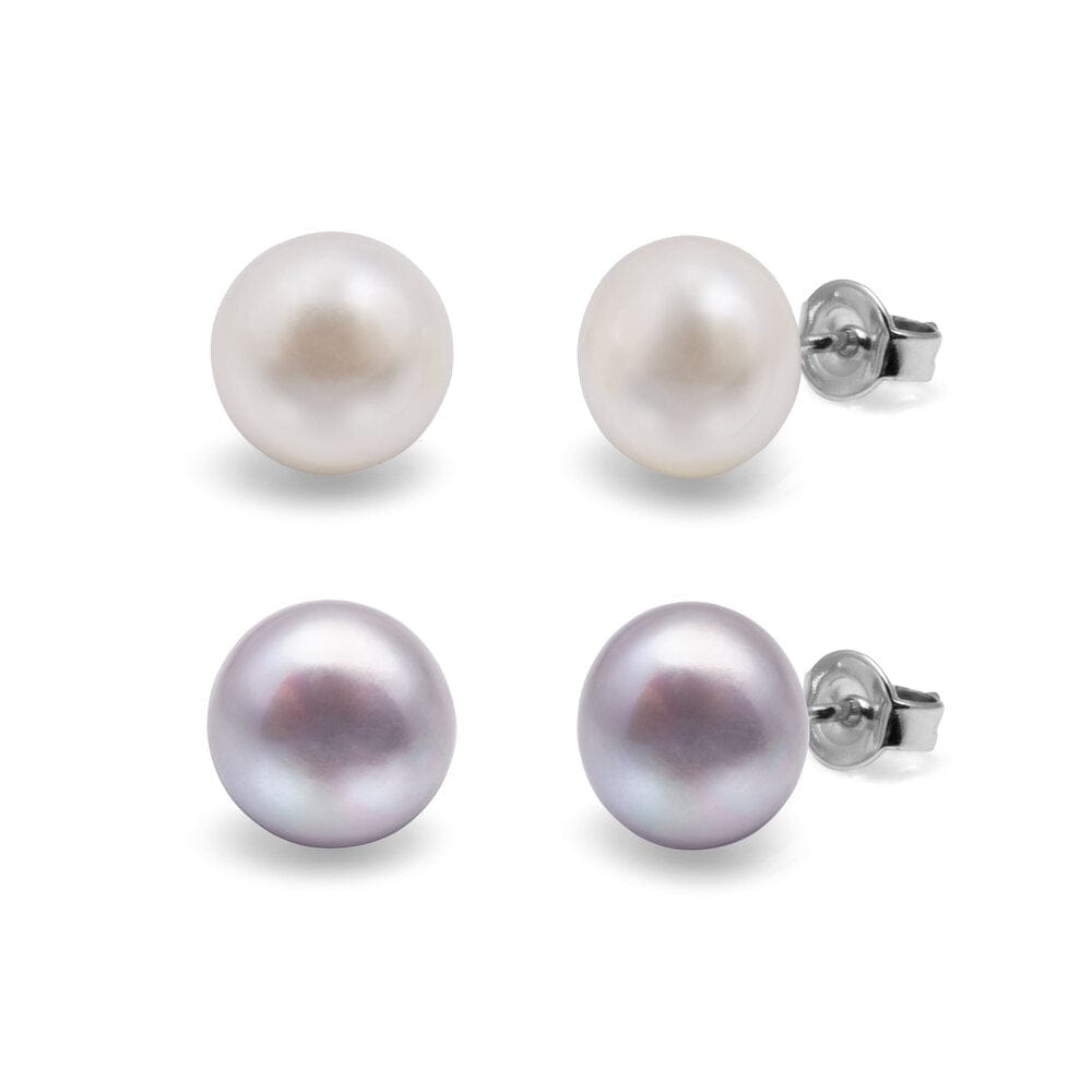 8mm Set of 2 Freshwater Pearl Studs with 925 Sterling Silver - Cream & Grey