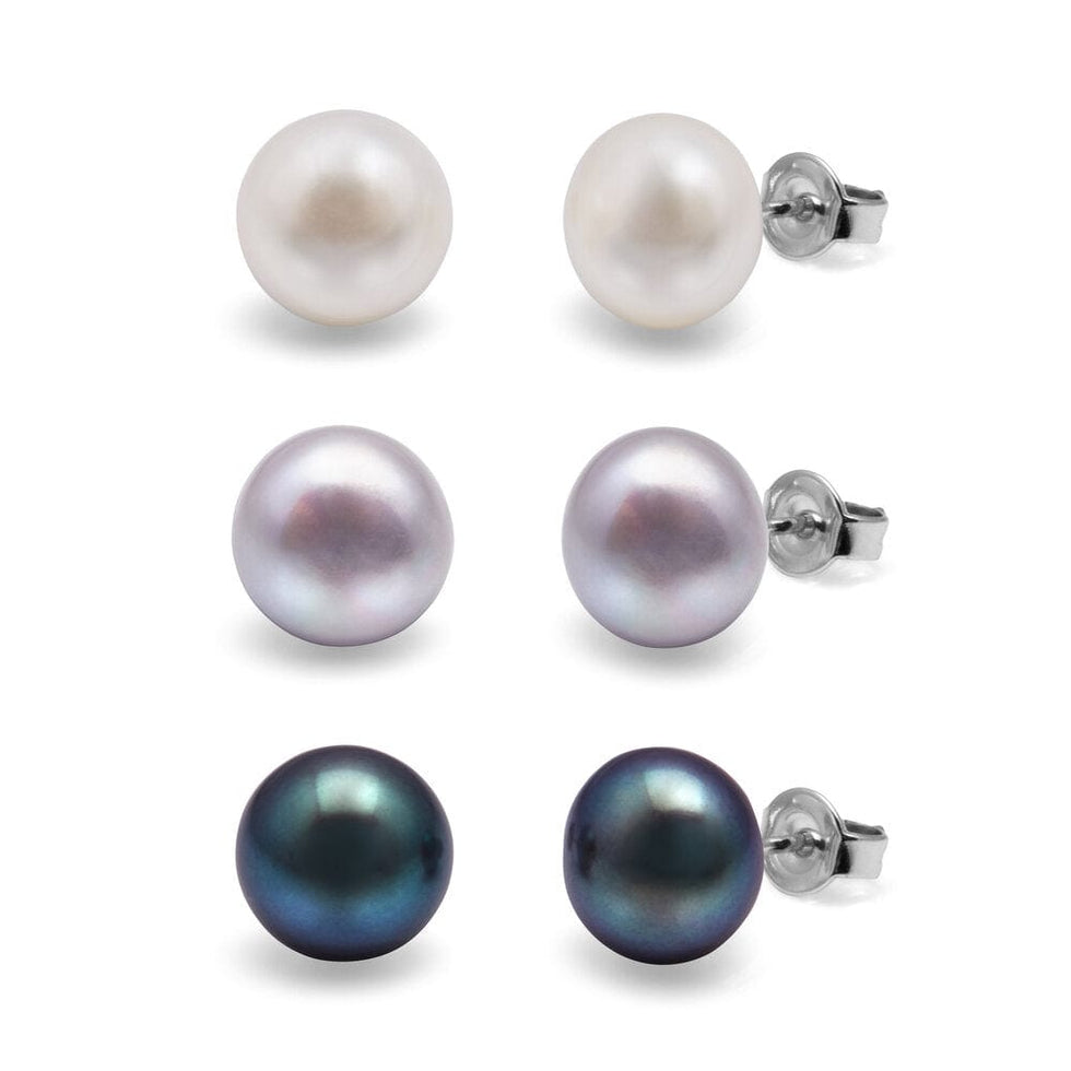 8mm Set of 3 Freshwater Pearl Studs with 925 Sterling Silver