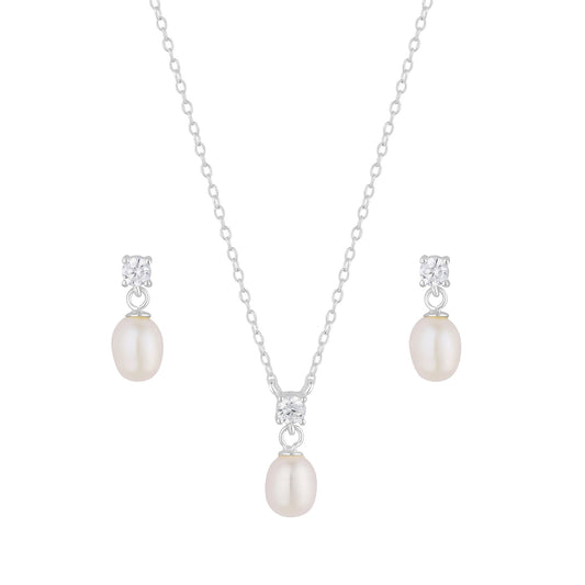 Sterling Silver 925 Freshwater Pearl And Cubic Zirconia Set